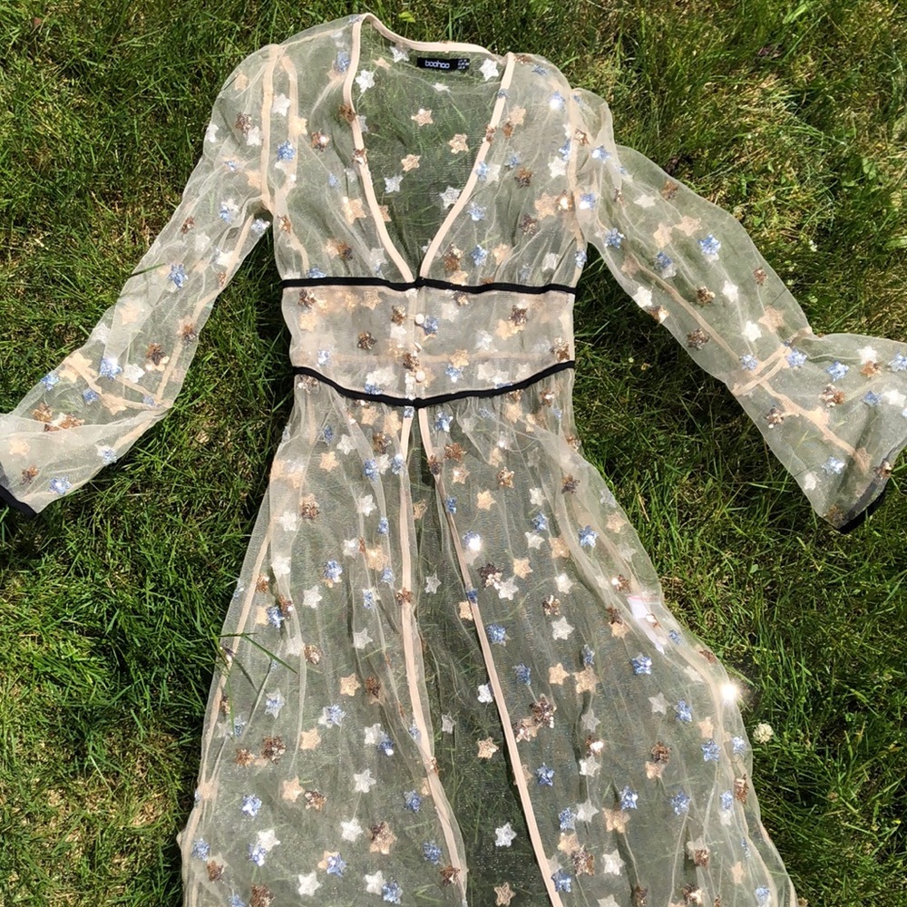 Star sequin mesh wrap gown